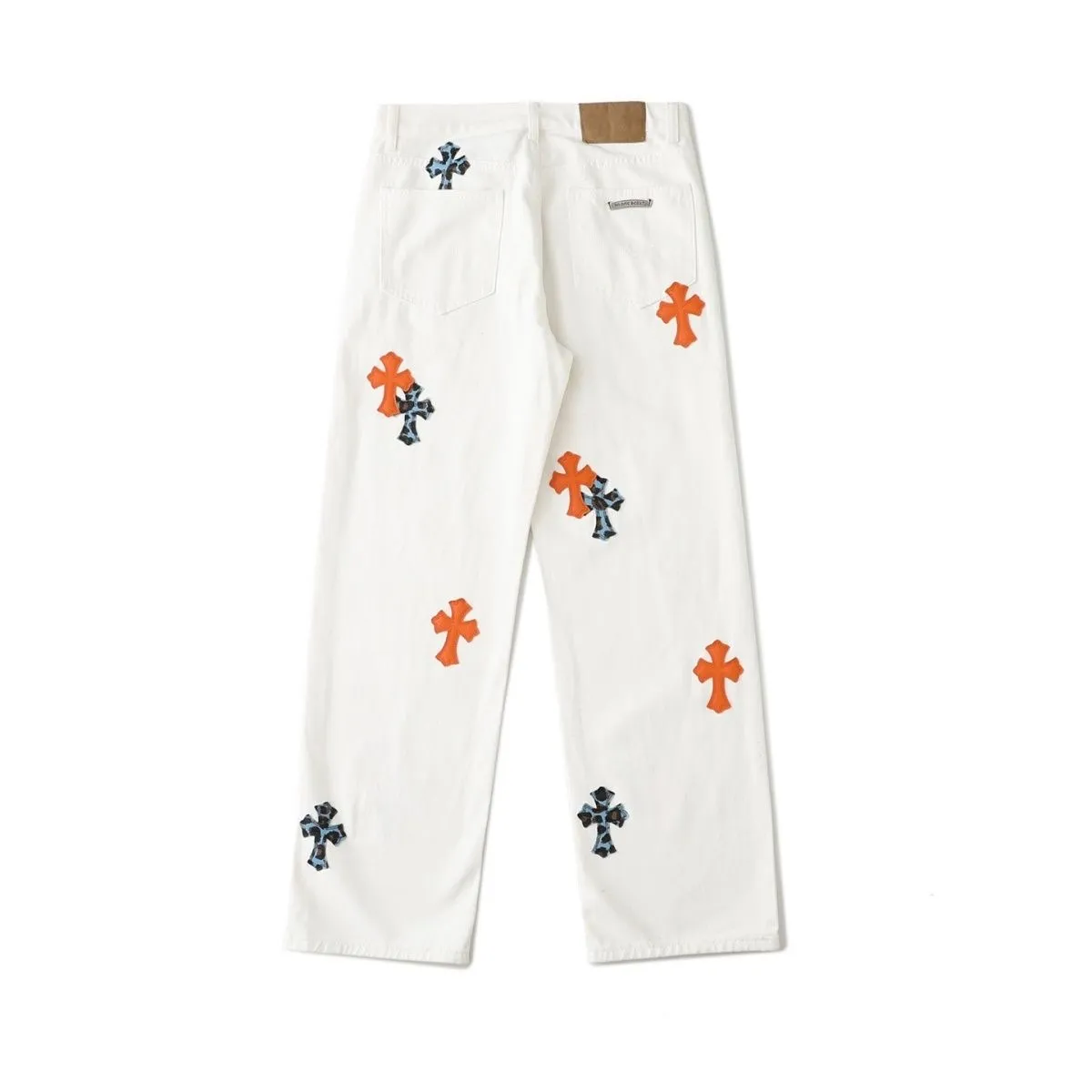 P260 💰 (Top version) Chrome Hearts/Chrome Hearts Classic white and orange cow series colored leather cross washed color fabric unisex denim trousers Vibe style straight stacked god-level version Carbon fine bias denim color cloth Old vintage full set of hardware - Chrome Hearts white cow series The high version uses high-ounce custom fabrics, fermentation washing and soft color fixation, soft and thick to wear. The details are all made by hand-polished craftsmanship. All-over printed jacquard fabric Unique design style. Through multiple processes to create a full retro feel. Unique niche non-contrast shirt. Customized distressed spray-painted buttons. Craftsmanship in every detail. Color: white and orange. Size: 28-30-32-34 (corresponding to S-M-L-XL)